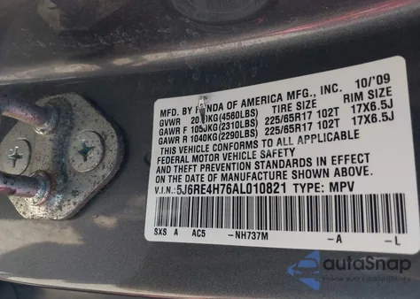 2010 Honda Cr-V Ex-L from USA, damaged, VIN 5J6RE4H76AL010821